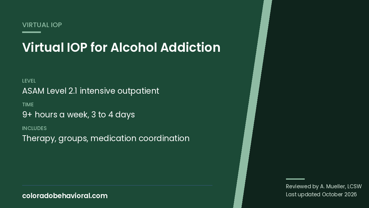 Virtual IOP for alcohol addiction in Colorado: group and individual therapy by telehealth from Colorado Behavioral Health